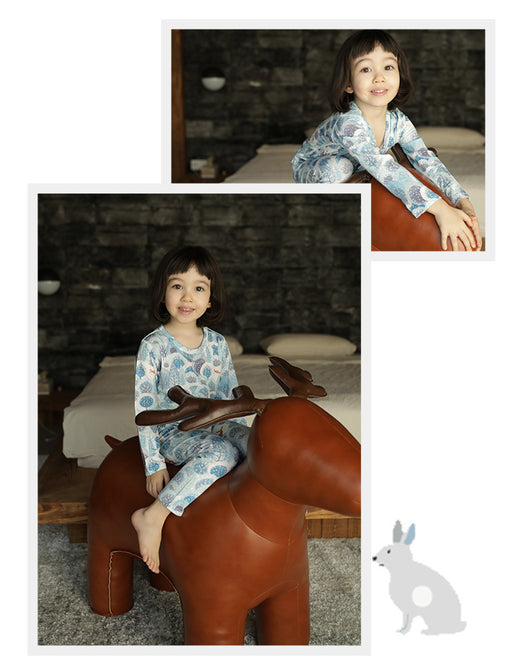 Bamboo cotton knitted parent-child pajama set with a pumpkin print long-sleeve top and solid light blue-grey pants. - Image 22