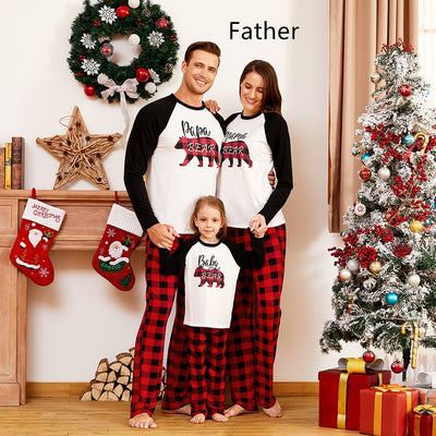Family of three wearing matching Christmas pajamas with white tops, black raglan sleeves, and red buffalo plaid bear graphics, paired with red and black buffalo - Image 12