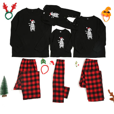 Family Christmas pajama set with grey long-sleeve tops featuring "Merry Christmas" and reindeer antlers, paired with red and black buffalo plaid pants. - Image 8