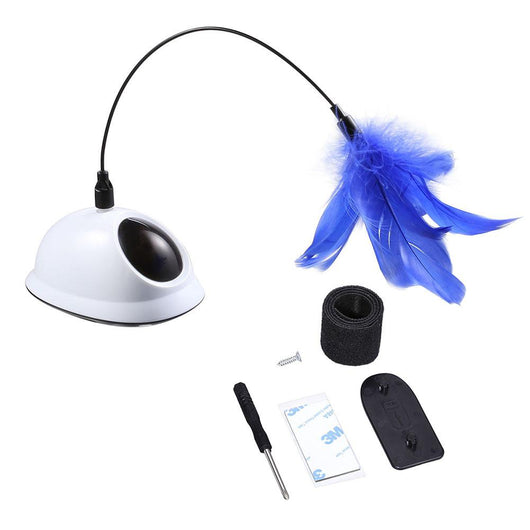 Electric cat toy with a white dome base, a flexible black rod, and a vibrant blue feather attachment. - Image 7