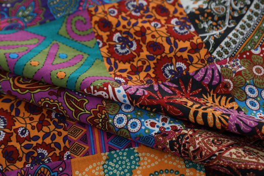 Bohemian retro style cotton linen curtains with a vibrant geometric patchwork pattern, one tied back with a rope. - Image 9