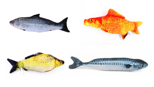 Two plush fish cat toys, one large and one small, with realistic green and brown scale patterns. - Image 9