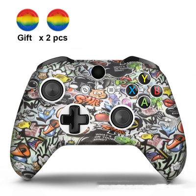 White silicone sleeve for game controller with colorful graffiti pattern, includes two rainbow thumbstick caps. - Image 4