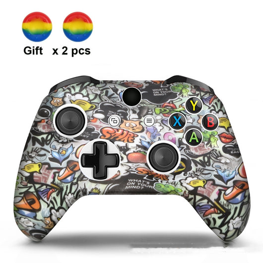 White silicone sleeve for game controller with colorful graffiti pattern, includes two rainbow thumbstick caps. - Image 4