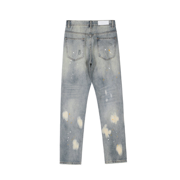Jeans Rectos Desgastados con Cortes de Tinta