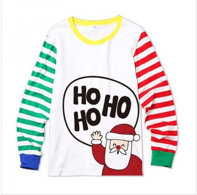 White Christmas parent-child pajama set with Santa Claus and "HO HO HO" graphic, featuring colorful striped sleeves and legs. - Image 2