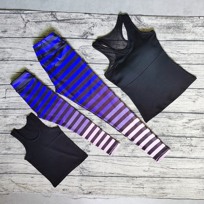 Parent-child dance fitness yoga suit with black tank tops and vibrant pink, orange, and green striped leggings. - Image 32