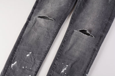 Pantalón Vaquero Gris Rotura Rodilla con Efecto Tinta Salpicada - Image 10