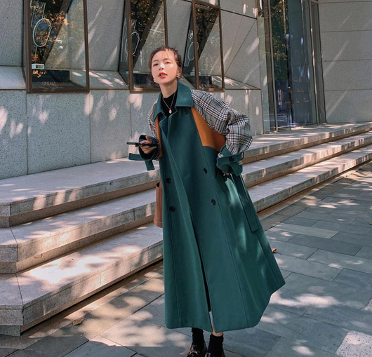 Abrigo de Lana Cuadrillé Coreano Verde Oscuro Largo Medio - Image 12