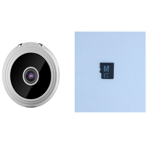 White A9 WIFI wireless network camera with a black lens, shown next to a black 32GB microSD card. - Image 13