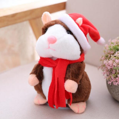 Brown and white plush talking hamster toy with pink nose and ears, standing upright on a white surface. - Image 5