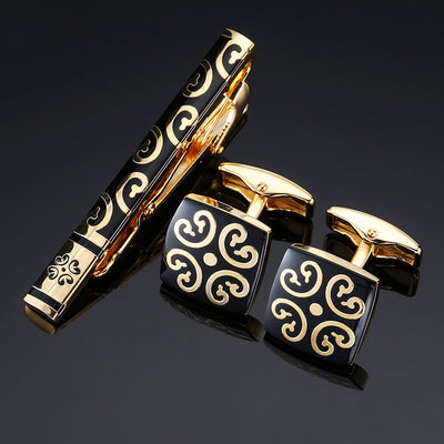 Juego de Clips de Corbata y Gemelos con Cristales Negros y Patrón Floral Esmaltado en Oro y Plata - Image 37