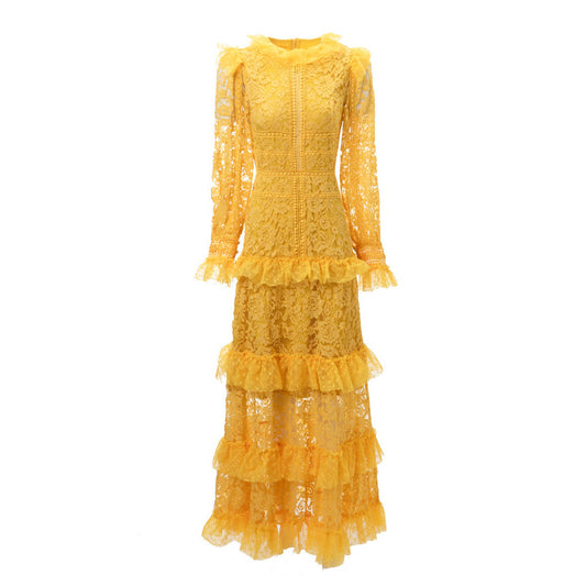 Vestido Largo de Manga Larga con Encaje y Pespuntes - Image 2