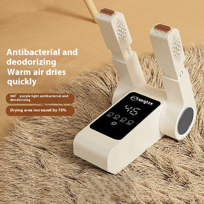White household shoe dryer with retractable arms, digital display, and control knob, on a light wood floor.