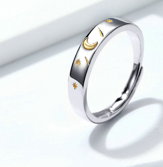 Anillo de Plata 925 Luna Estrella Ajustable Diseño Europeo Moderno