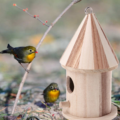 Wooden outdoor bird nest with a conical striped roof and a small entrance hole, next to a bird on a branch.