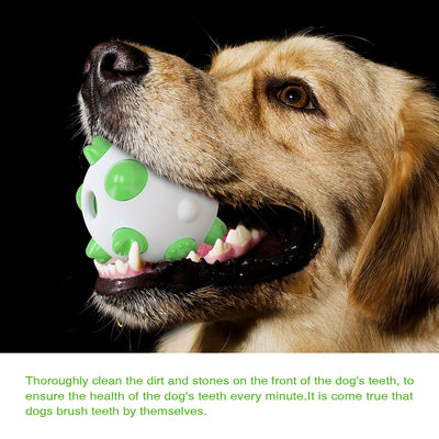 White and teal spherical dog toy with textured nubs for dental cleaning, shown with a dog chewing a similar toy. - Image 4