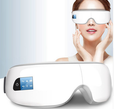 White Bluetooth music eye massager with control panel, air pressure, and hot compress functions in a gift box. - Image 4