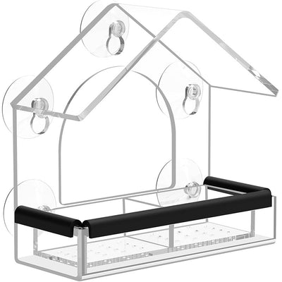 Transparent acrylic window bird feeder with a house-shaped roof and black perch, mounted with suction cups. - Image 5