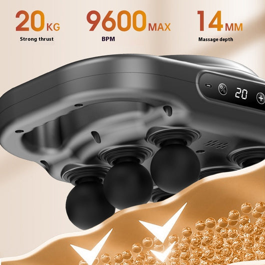 White six-head percussion muscle massager with LCD screen, 9-speed mode, and 20-speed intensity for deep tissue relaxation.