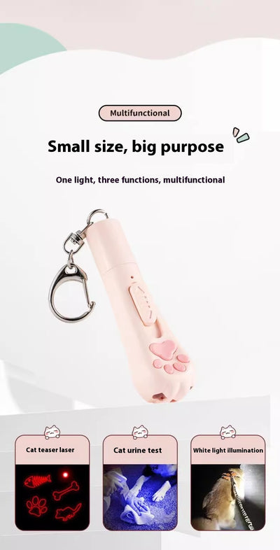 Pink cat paw pen light toy with red laser, UV light for urine detection, and white LED illumination, featuring a keychain. - Image 14