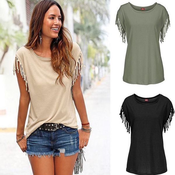 Camiseta de Algodón Talla Grande con Cuello Redondo y Detalles de Borlas