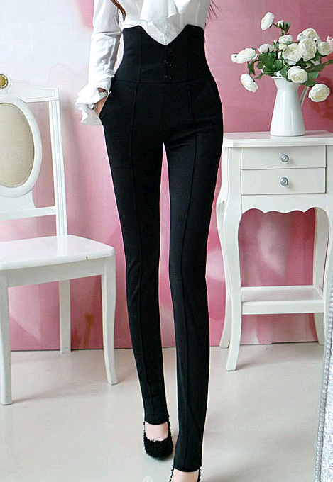 Pantalón Pitillo Negro Cintura Alta Súper Delgado Estilo Coreano