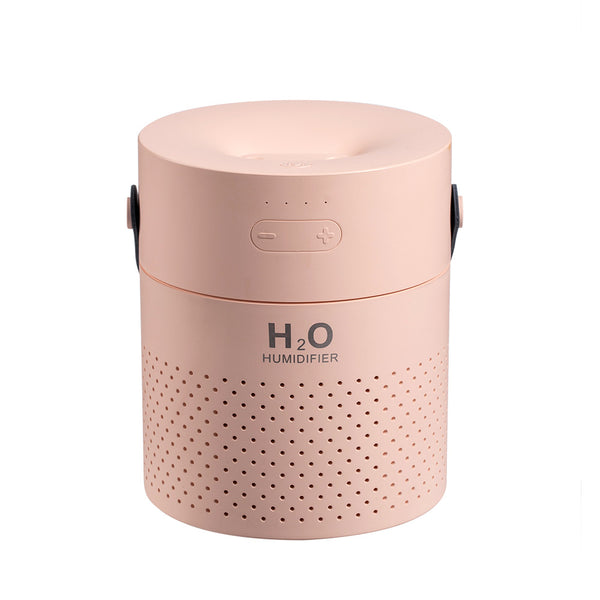 Light gray cylindrical humidifier with perforated lower section and control buttons on top, featuring "H₂O HUMIDIFIER" text.