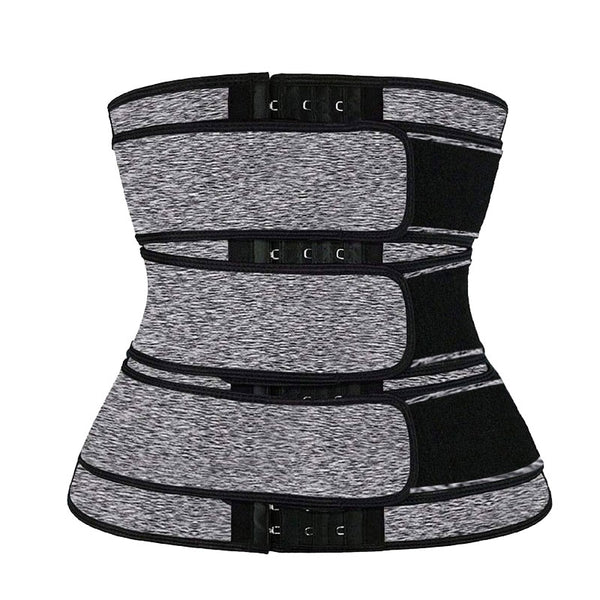 Grey and black women's waist trainer with multiple hook-and-eye closures and adjustable velcro straps. - Image 3