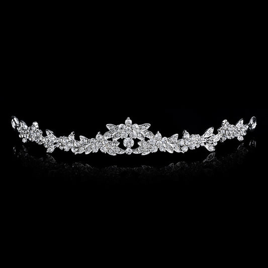 Silver-toned bridal tiara with clear rhinestones in a delicate floral and leaf design, perfect for weddings. - Image 2