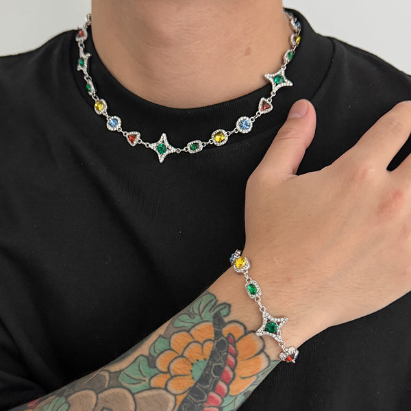 Collar Conjunto de Cruz y Estrella con Piedras de Gema Coloridas para Hombre