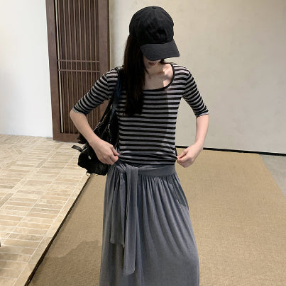 Blusa Rayada Cuello U Manga Media Elástica para Mujer