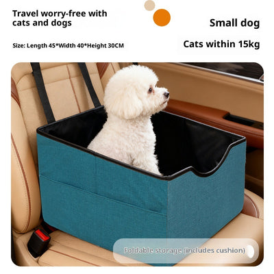 Beige pet car seat with a small white dog inside, secured to a car's passenger seat, designed for safe travel. - Image 6