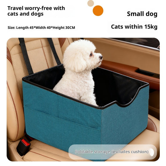Beige pet car seat with a small white dog inside, secured to a car's passenger seat, designed for safe travel. - Image 6