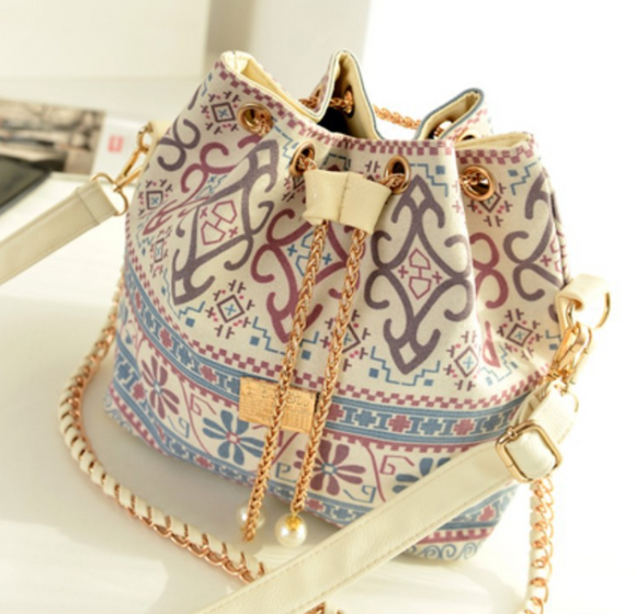 Bolso de Lona con Estampado Étnico y Cadena Ajustable
