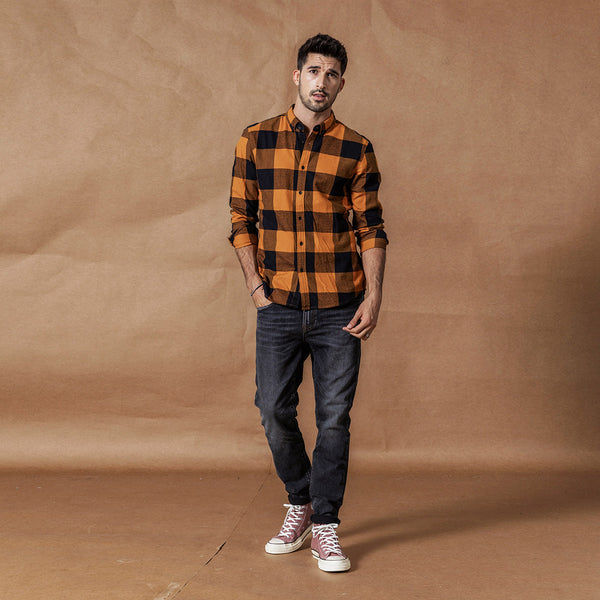 Camisa de Cuadros Casual Manga Larga con Textura Brushed