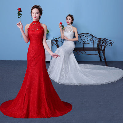 Vestido de Novia Rojo Talla Grande con Cola Sirena y Escote Halter