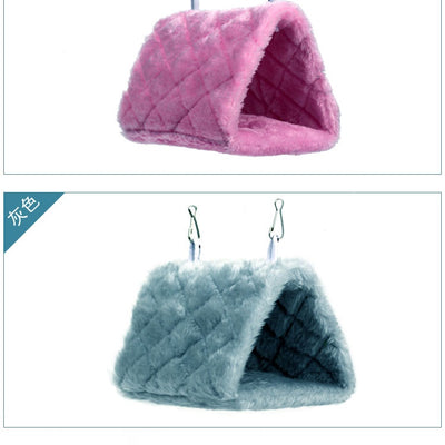 Small pink quilted plush bird's nest hammock with two metal hooks, ideal for parrots and small birds. - Image 19