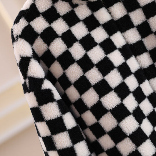 Chaqueta Polar Corta con Cuello Alto y Cierre de Cremallera - Diseño Cuadriculado en Lana - Image 4