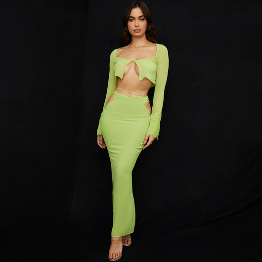 Blusa Cropped de Encaje y Gasa con Cuello Cuadrado y Manga Larga - Image 9