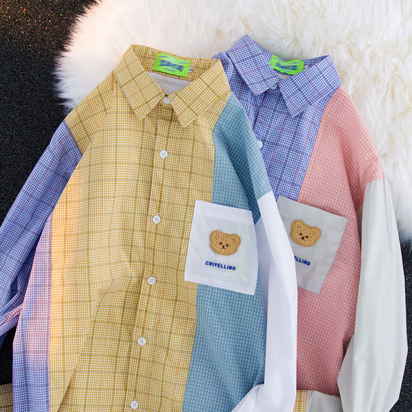 Camisa Cuadriculada Unisex con Contraste de Costuras de Diseño