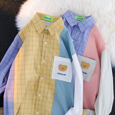 Camisa Cuadriculada Unisex con Contraste de Costuras de Diseño