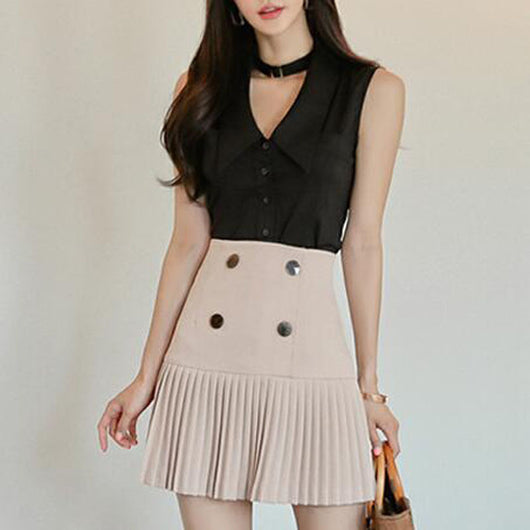 Conjunto Dos Piezas: Blusa Escote V sin Mangas + Falda Plisada Cintura Alta - Image 8