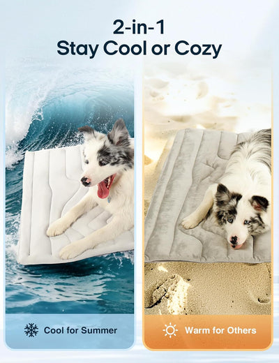 Golden retriever wearing sunglasses on a light gray quilted pet cooling mat, floating on icy blue water. - Image 13