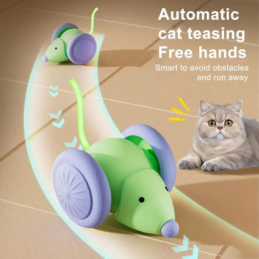 White and grey electric mouse cat toy with large wheels, a glowing blue tail, and a USB charging cable. - Image 21