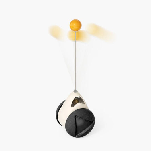 Yellow cat turntable windmill toy with a smiling face, spring, rotating arms, and a feather wand. Two kittens play with the toy. - Image 9