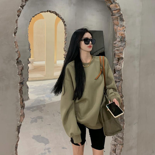 Blusa Holgada Verde Manga Larga Cuello Redondo para Mujer