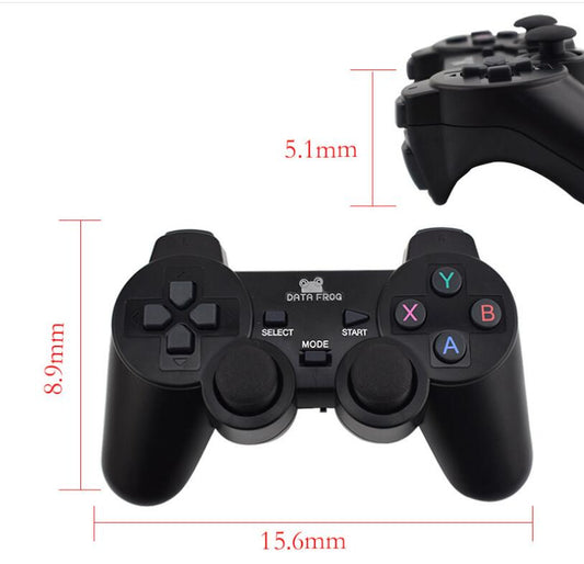 Black wireless Android gamepad with dual analog sticks, D-pad, and face buttons, shown with dimensions. - Image 2
