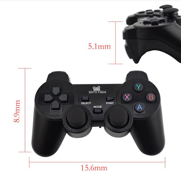 Black wireless Android gamepad with dual analog sticks, D-pad, and face buttons, shown with dimensions. - Image 2