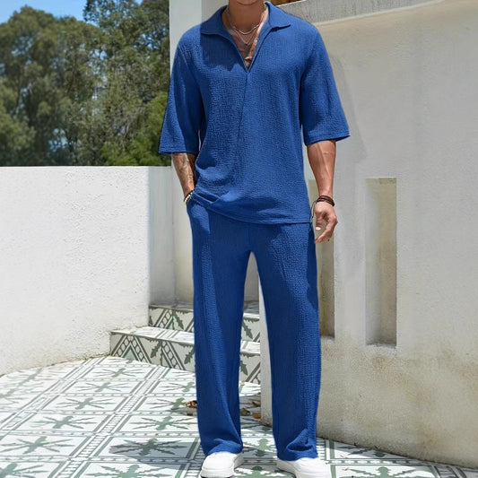 Conjunto Casual de Dos Piezas: Camisa Manga Corta y Pantalón Color Sólido